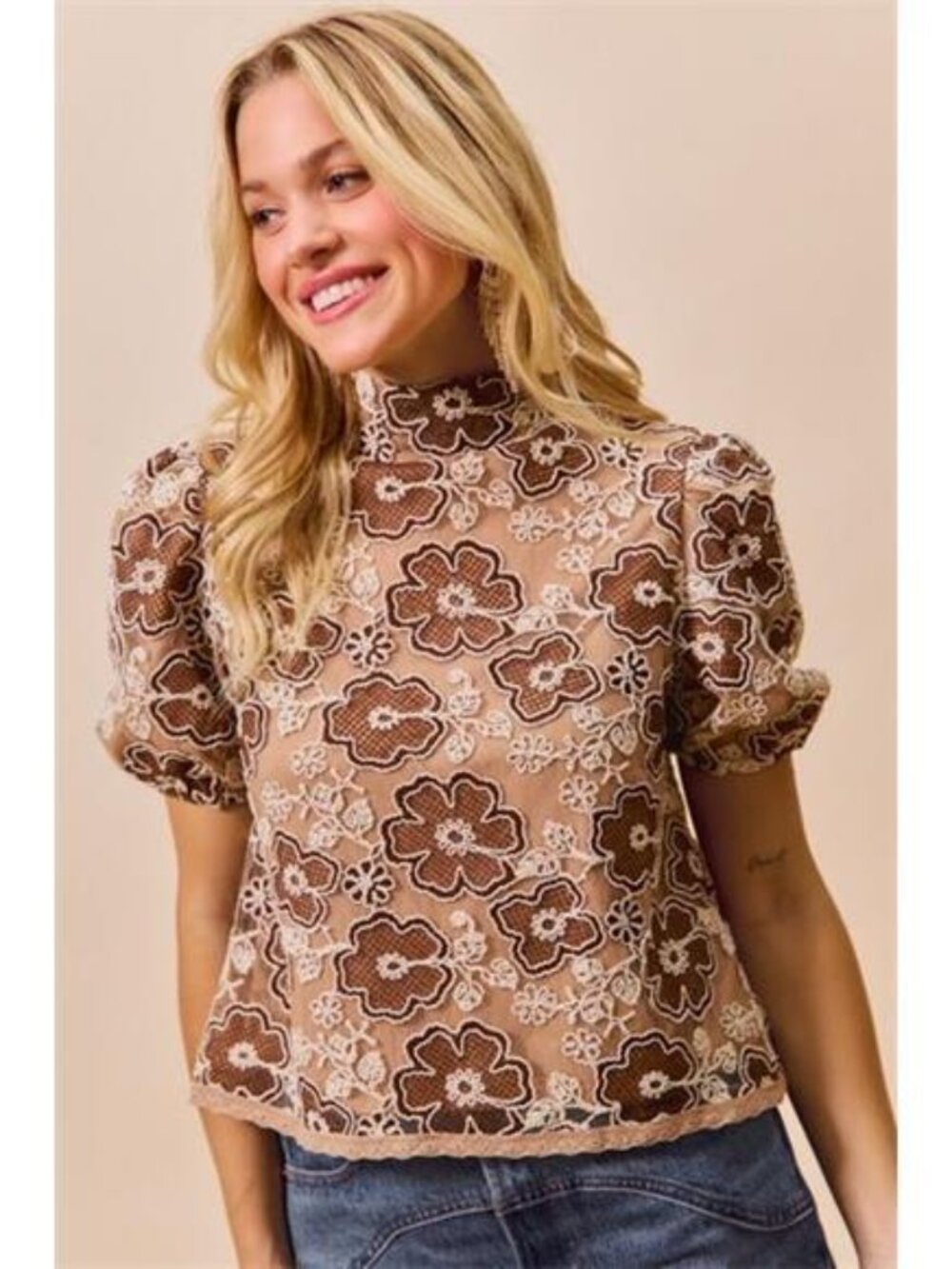 SO ME Texture Floral Mesh Top With Back Button Closure